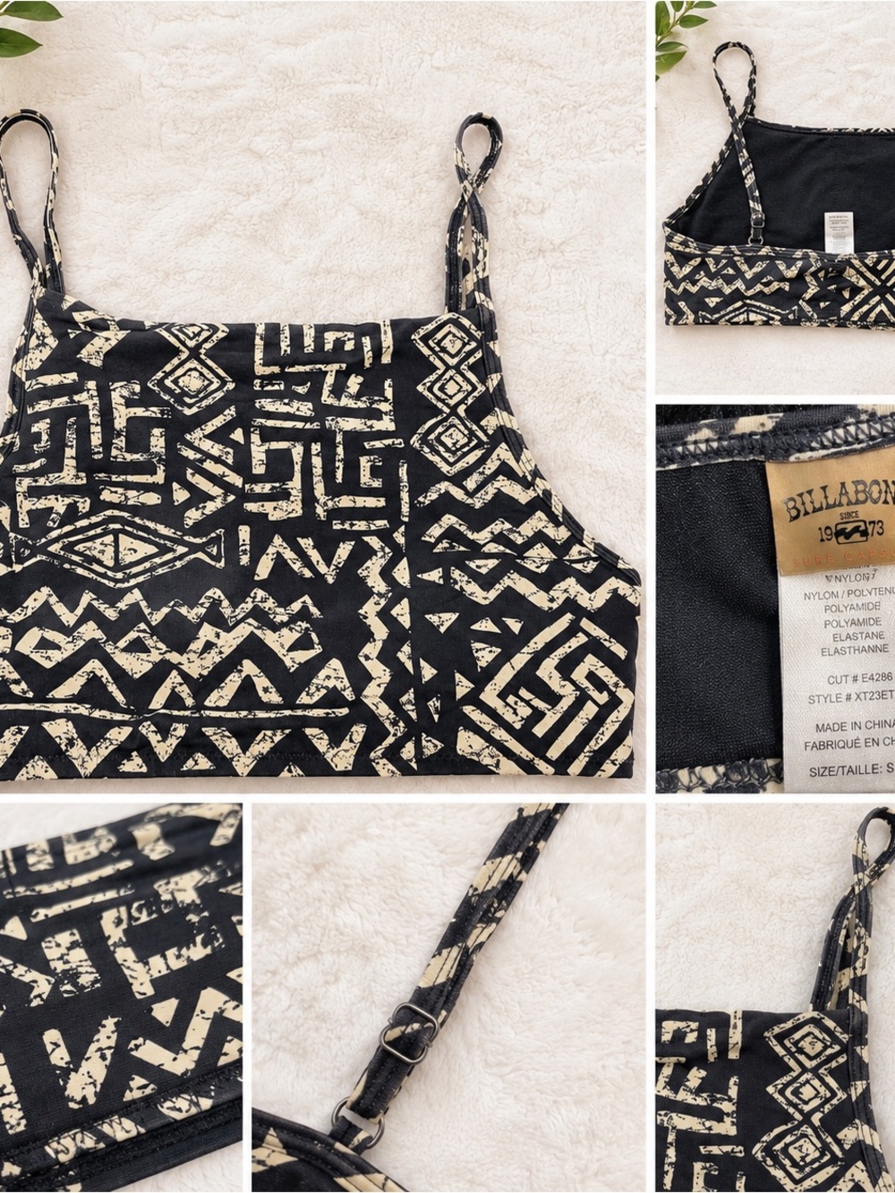Billabong Black and Cream Geometric Crop Bikini Top